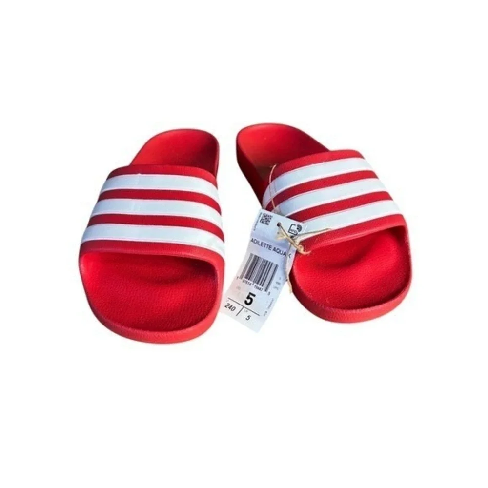 Adidas Youth SZ‎ 5 Adilette Shower Slides Vivid Red White Cloudfoam Slip On NEW